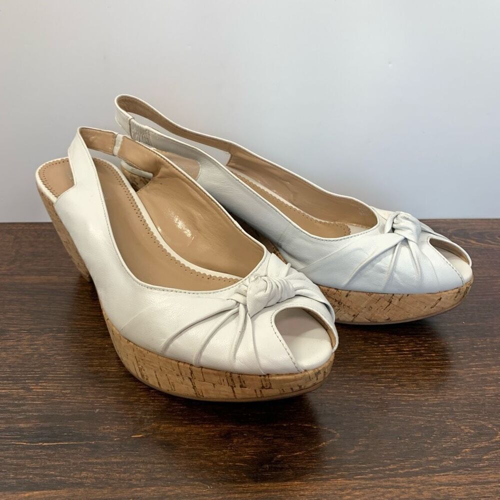 Franco Sarto Womens Slingback Leather Peep-Toe Cork Wedge Sandals White Size 10M